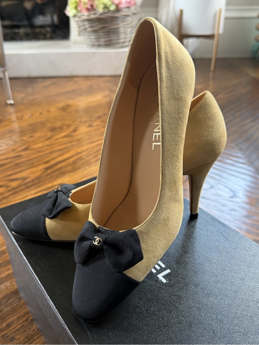 CHANEL Two-Tone Suede & Fabric Bow Pumps in Beige and Black